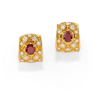 A 18K yellow gold, ruby and diamond earrings