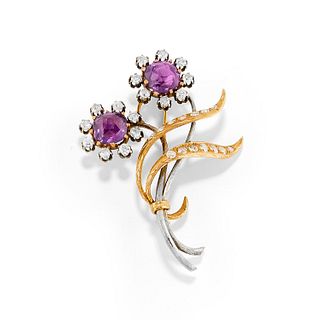 A 18K two-color gold, amethyst and diamond brooch