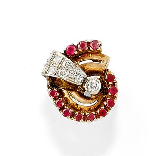 A 14K yellow gold, silver, ruby and diamond ring