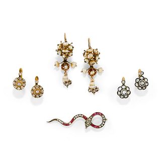 A silver, 18K yellow gold, low-carat gold, diamond, micropearl and red gemstone jewels