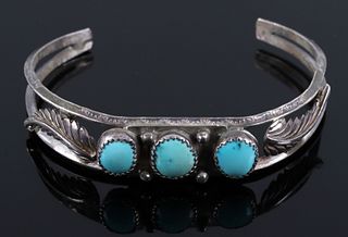Navajo Sterling Silver & Turquoise Signed Bracelet