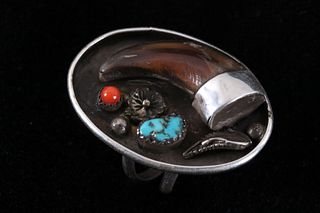 Navajo Bear Claw Silver Turquoise & Coral Ring
