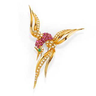 A 18K yellow gold, ruby, diamond and emerald pendant brooch