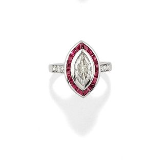 A 18K white gold, diamond and ruby ring, signed Tiffany and Co.