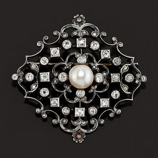 A silver, 18K yellow gold, natural pearl and diamond brooch