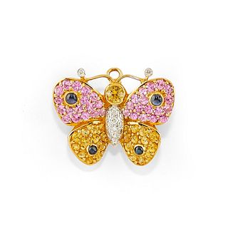A 18K two-color gold, colored gemstone and diamond brooch