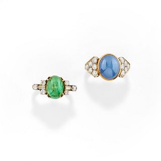 Two low-carat gold, 18K two-color gold, diamond and colored gemstones rings