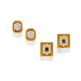 Two pairs of 18K yellow gold, sapphire and diamond earrings