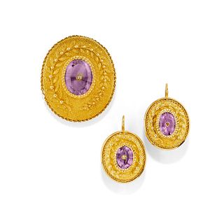 A 18K yellow gold, amethyst and diamond demi parure, defects