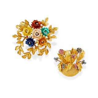 Two 18K yellow gold, diamond, ruby and sapphire brooches