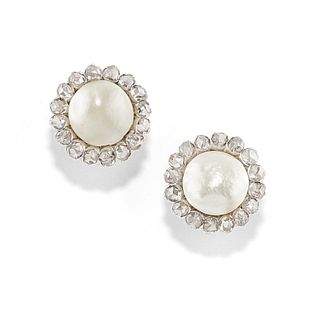 A silver, low-carat yellow gold, diamond and freshwater natural pearl earclips, with certificate