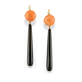 A low-carat gold, coral and onyx pendant earrings