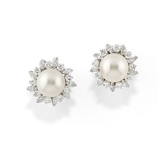 A 18K white gold, cultured pearl and diamond earrings