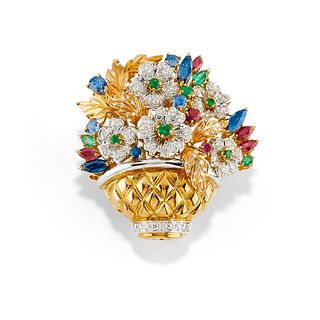 A 18K gold, diamond, ruby, sapphire and emerald pendant-brooch