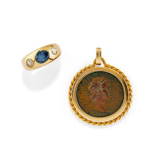Lot of 18K yellow gold, sapphire, diamond and coin jewels, defects