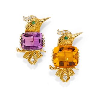 Cartier - A couple of 18K two-color gold, emerald, diamond, quartz and amethyst brooches, Cartier