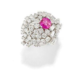 A platinum, diamond and ruby ring
