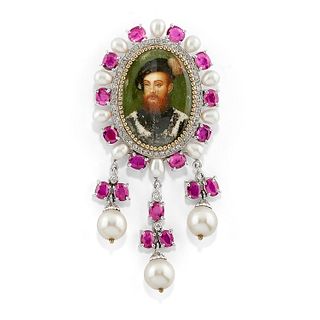 A 18K two-color gold, ruby, cultured pearl and diamond brooch