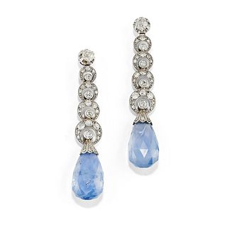 A 18K white gold, diamond and sapphire pendant earrings