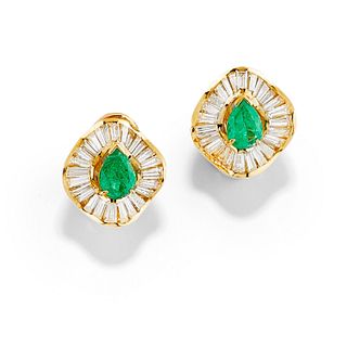 A 18K yellow gold, emerald and diamond earclips, with certificate