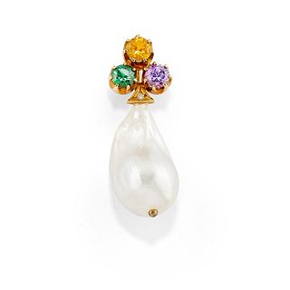 A 18K yellow gold, baroque cultured pearl, diamond, colored and uncolored gemstones pendant