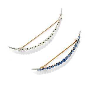 Two 14K yellow gold, sapphire and micropearl brooches