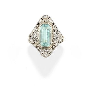 A 14K two-color gold, aquamarine and diamond ring