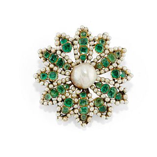 A silver, gold, emerald and pearl brooch