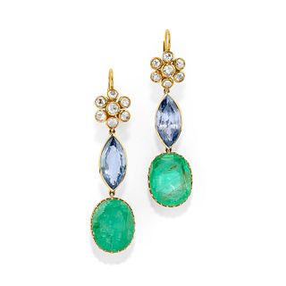 A 18K two-color gold, diamond, sapphire and emerald pendant earrings