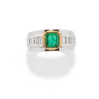 A 18K two-color gold, emerald and diamond ring