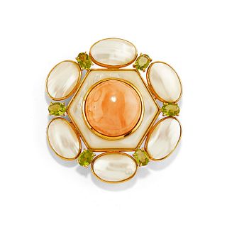 A 18K yellow gold, coral, mother-of-pearl and green gemstone pendant-brooch