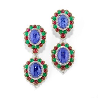 A 18K two-color gold, tanzanite, diamond and ruby pendant earrings
