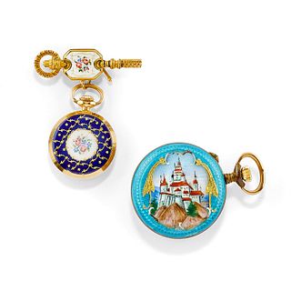 Two 18K yellow gold and enamel pocket watches