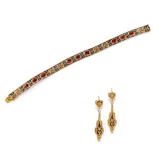 Lot of silver, low-carat gold, 18K yellow gold, ruby and enamel jewels