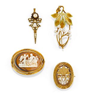 A low-carat gold, 18K yellow gold, cultured pearl and cameo jewels
