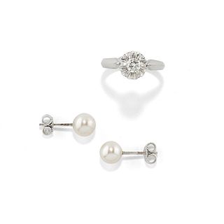 A 18K white gold, diamond, cultured pearl ring and earrings