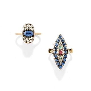 Two silver, low-carat gold, sapphire, ruby, emerald and diamond rings