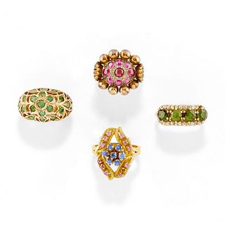Four low-carat gold and colored gemstone rings