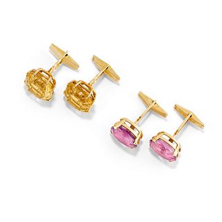 Two pair of 14K yellow gold, amethyst and quartz cufflinks