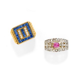 Two 18K two-color gold, diamond, sapphire and ruby rings