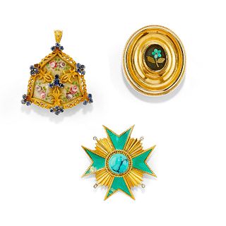 Three 18K, turquoise, sapphire, enamel and micromosaic brooches, defects