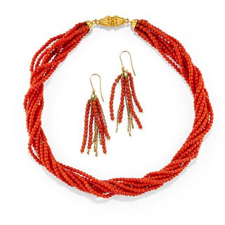 A 18K yellow gold and coral demi parure