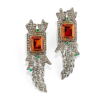 A silver, 18K yellow gold, emerald, diamond and quartz earrings
