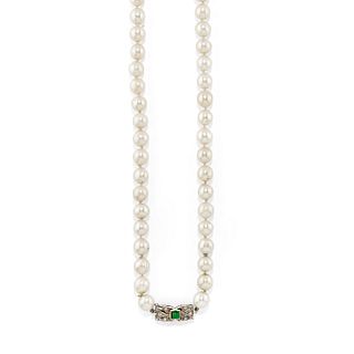 A 18K white gold, cultured pearl, emerald and diamond necklace
