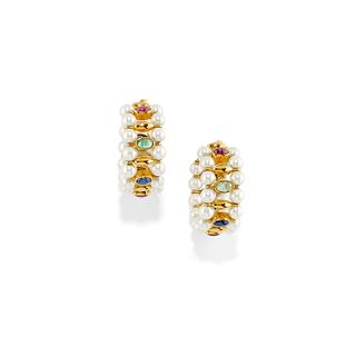 A 18K yellow gold, cultured pearl, ruby, sapphire and emerald earrings