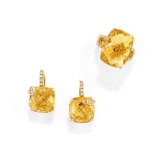 A 18K yellow gold, quartz and diamond demi parure