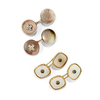 Two pair of 14K yellow gold, mother-of-pearl and diamond cufflinks