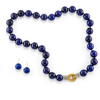 A 18K two-color gold, diamond and lapislazuli necklace and earrings