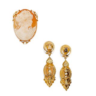 A 18K yellow gold, micropearl, cameo pendant and earrings
