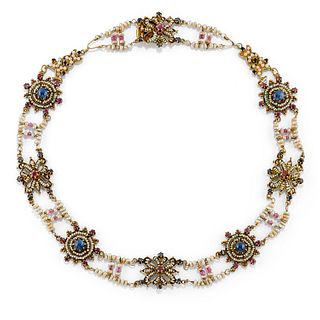 A low-carat gold, ruby, sapphire and micropearl necklace